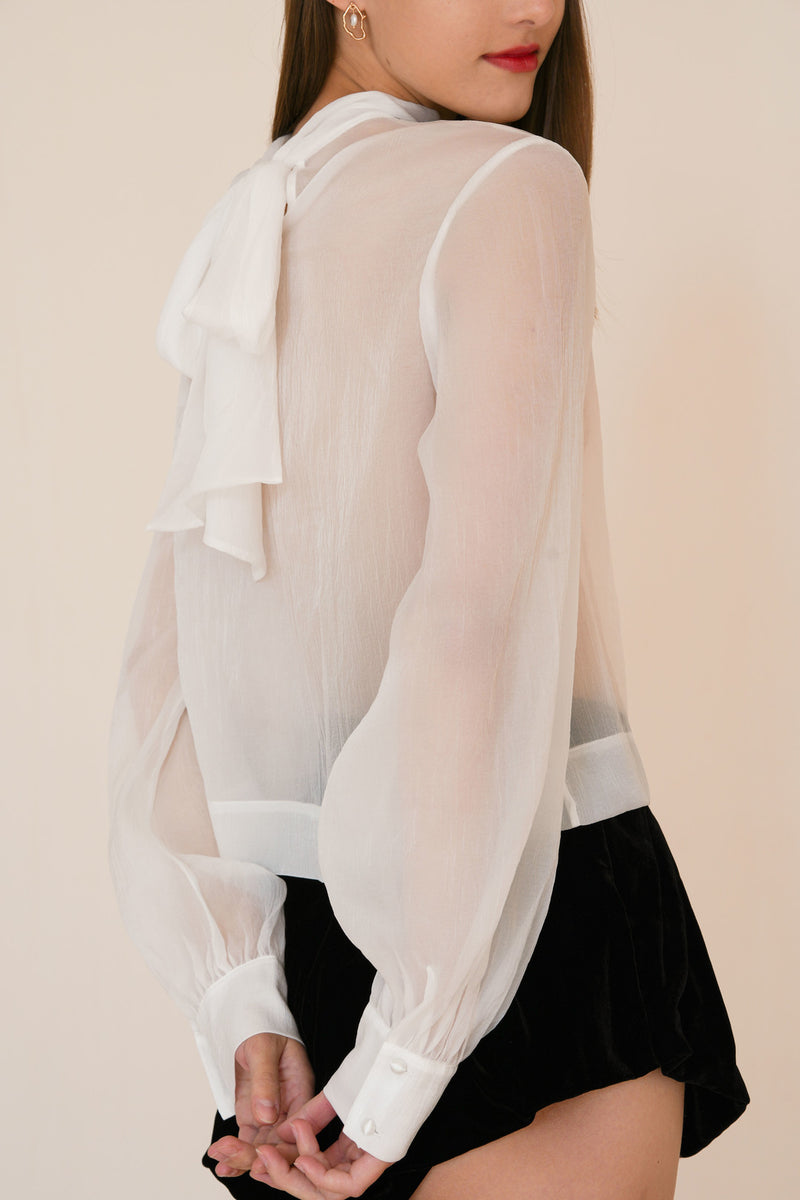 UUNIQ SWAN SONG Tied Bow White Mesh Blouse