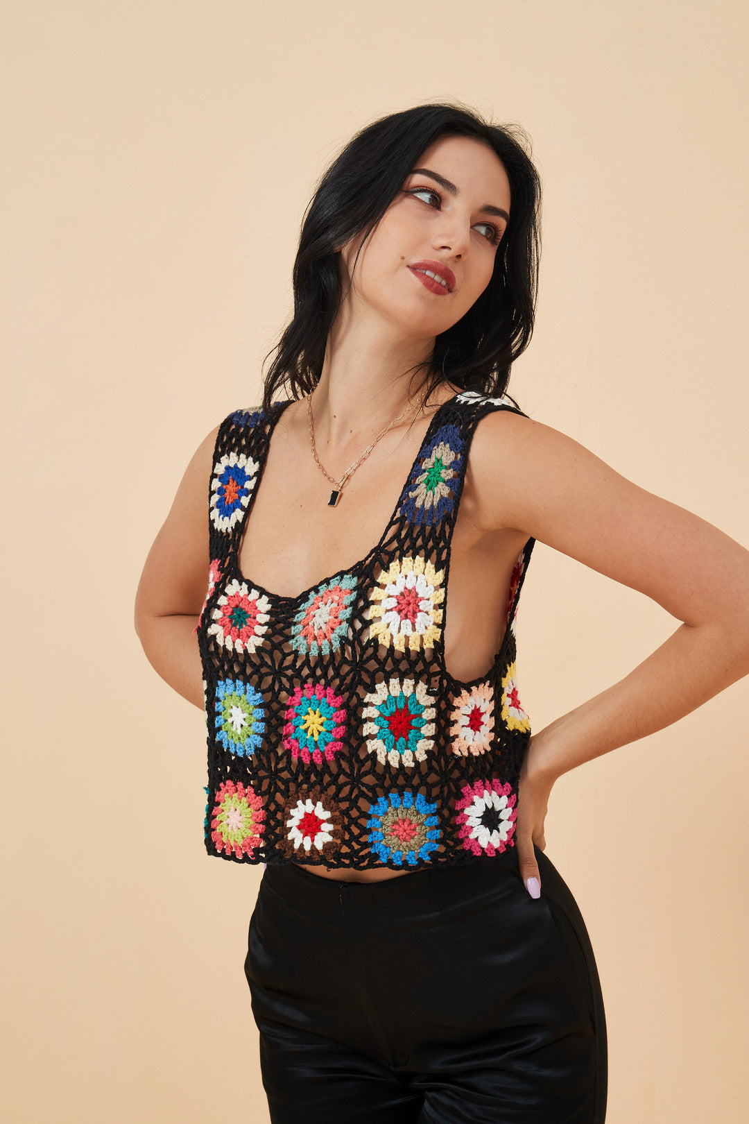 UUNIQ WEEKEND MARKET Floral Plaid Knit Crochet Top
