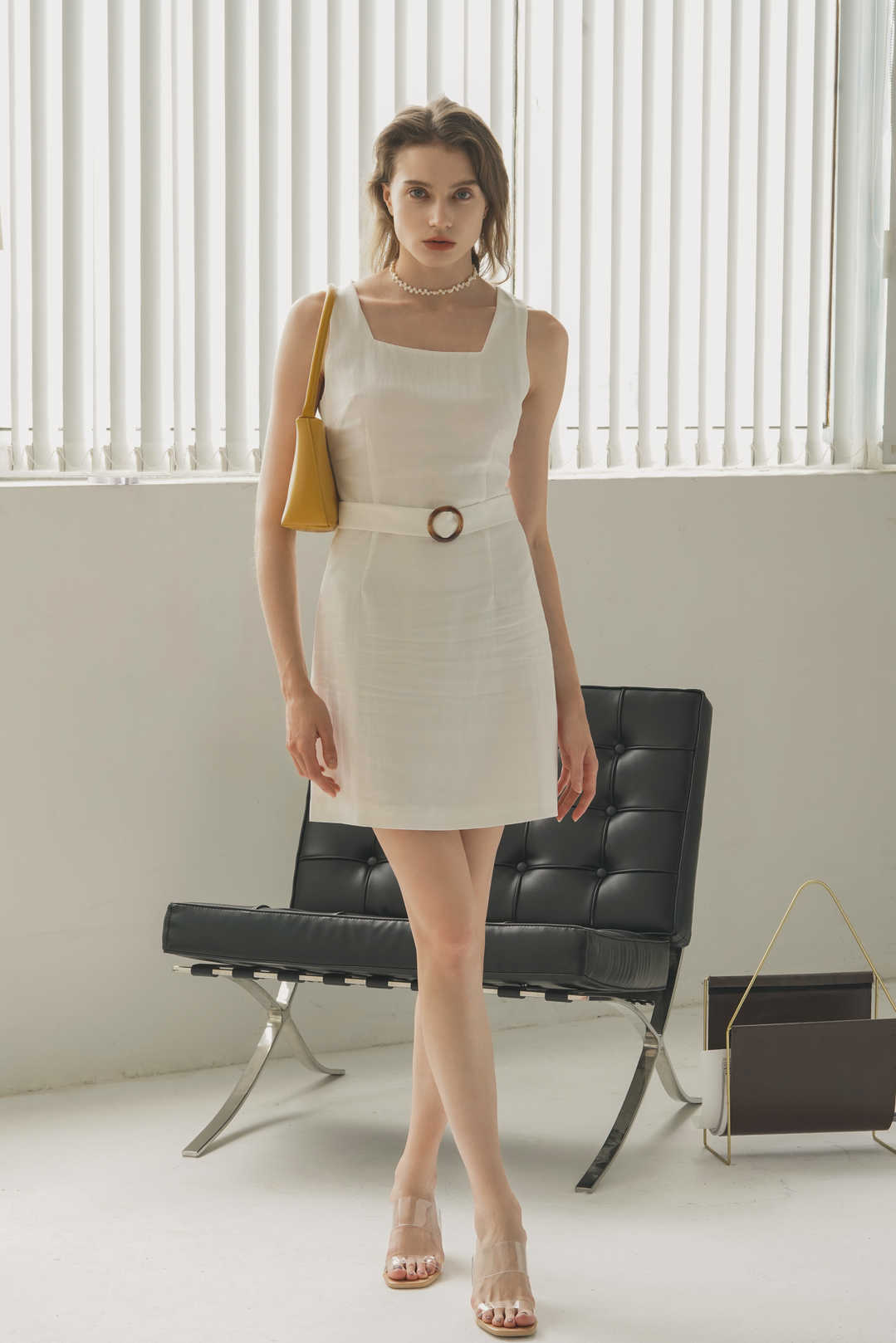 UUNIQ BESTDAY Cream Sleeveless Tied Self-belt Mini Dress