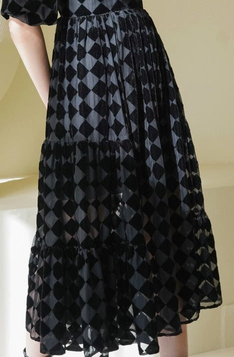 UUNIQ BETH'S CHECKERBOARD Black Midi Dress With Wide V-neck