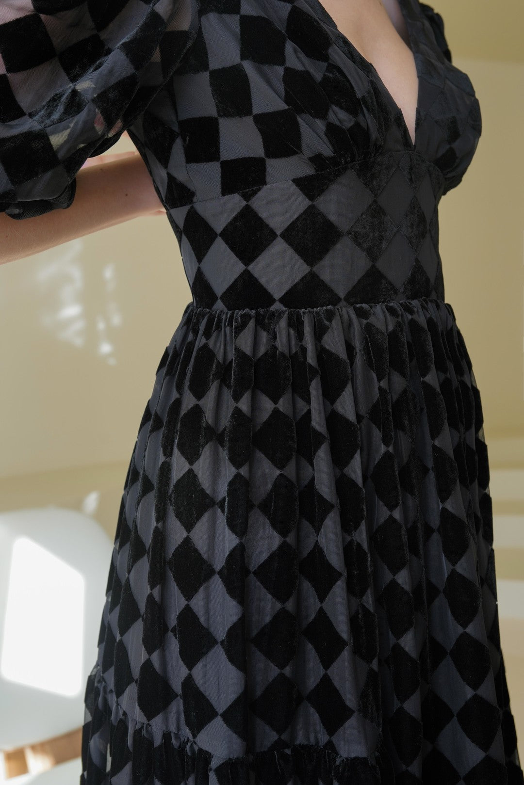 UUNIQ BETH'S CHECKERBOARD Black Midi Dress With Wide V-neck